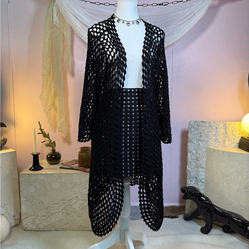 Black Open Knit Cardigan | Sheer Grunge Layer | Slouchy Lightweight Sweater